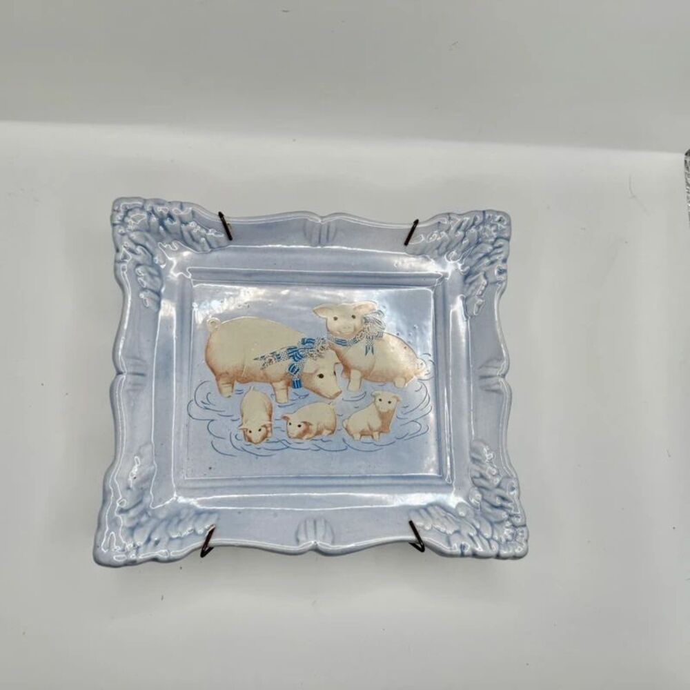 Vintage Country Farmhouse Pig Family Square Ceramic Wall Hanging Platey